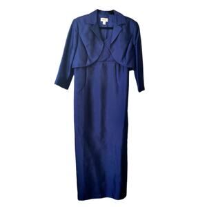 Talbots Navy Silk Column Dress Set 14 Cocktail Gala Cruise Wedding Guest Holiday